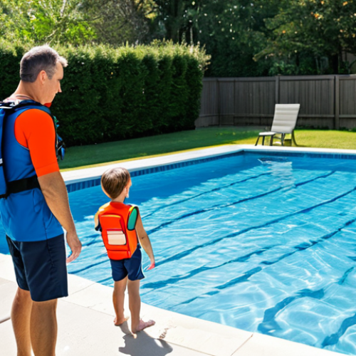 Home 20 A responsible adult (female or male) wearing modest, appropriate swimwear (rash guard and board shorts or a one-piece swimsuit) is attentively supervising a young child at the edge of a clean, family-friendly swimming pool. The child, wearing a modest, full-coverage swimsuit and a properly fitted life vest, is playing safely in the shallow end. In the background, a secure pool fence and a clearly visible, well-stocked first-aid kit are present. The scene emphasizes active vigilance and preparedness for water safety. The image should feature perfect anatomy, correct proportions, natural poses, well-formed hands, and proper finger count. This is a safe for work, appropriate content, fully clothed, family-friendly scene depicting professional water safety.