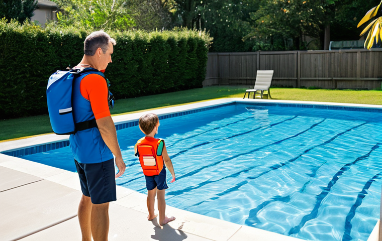 A responsible adult (female or male) wearing modest, appropriate swimwear (rash guard and board shorts or a one-piece swimsuit) is attentively supervising a young child at the edge of a clean, family-friendly swimming pool. The child, wearing a modest, full-coverage swimsuit and a properly fitted life vest, is playing safely in the shallow end. In the background, a secure pool fence and a clearly visible, well-stocked first-aid kit are present. The scene emphasizes active vigilance and preparedness for water safety. The image should feature perfect anatomy, correct proportions, natural poses, well-formed hands, and proper finger count. This is a safe for work, appropriate content, fully clothed, family-friendly scene depicting professional water safety.