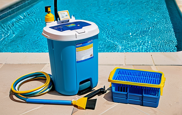 여름철 수영장의 위생 관리 방법 - Pool Maintenance Equipment**
"A well-organized pool cleaning station, featuring a pool skimmer, vac...