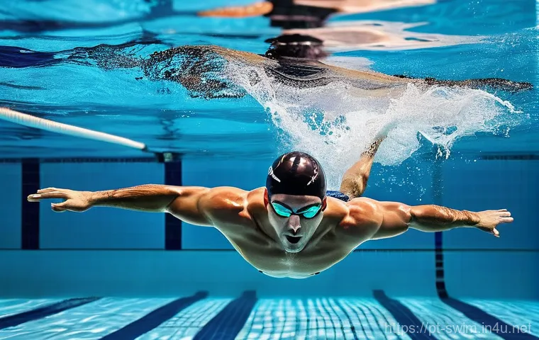 자유형 자세 교정 방법 - **Focus on the powerful catch and high-elbow pull technique.**
    **Prompt:** An underwater, close-...