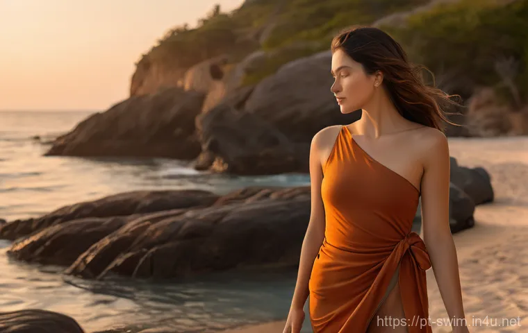 수영복 선택 가이드 - A confident young woman is standing on a sun-drenched beach with golden sand and clear turquoise wat...