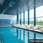Home 21 실내 수영장 공기 질 관리의 중요성 - A modern indoor swimming pool environment showing a spacious pool area with crystal-clear water, sur...