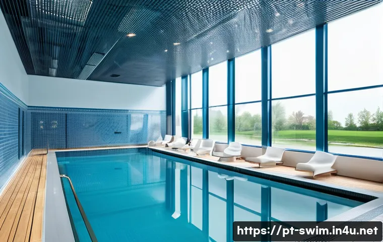 실내 수영장 공기 질 관리의 중요성 - A modern indoor swimming pool environment showing a spacious pool area with crystal-clear water, sur...