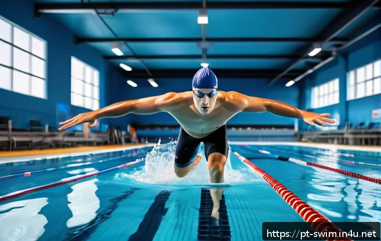 오리발을 활용한 훈련 방법 - A professional male swimmer training in an indoor Olympic swimming pool wearing short flexible silic...